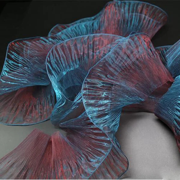 1 Yard Blue Lace Fabric Pleated Mermaid Effect Laser Neon Luster For Women Dress 15CM Wide