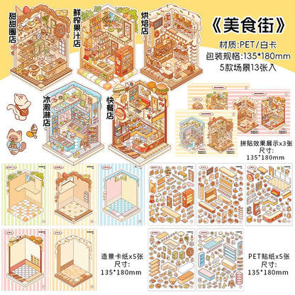 JIANQI 5in1 13Pcs 2.5D Landscape Sticker Cartoon Cabin Scene DIY Sticker Stacking Pasting Festival Birthday Gift for Kid Child
