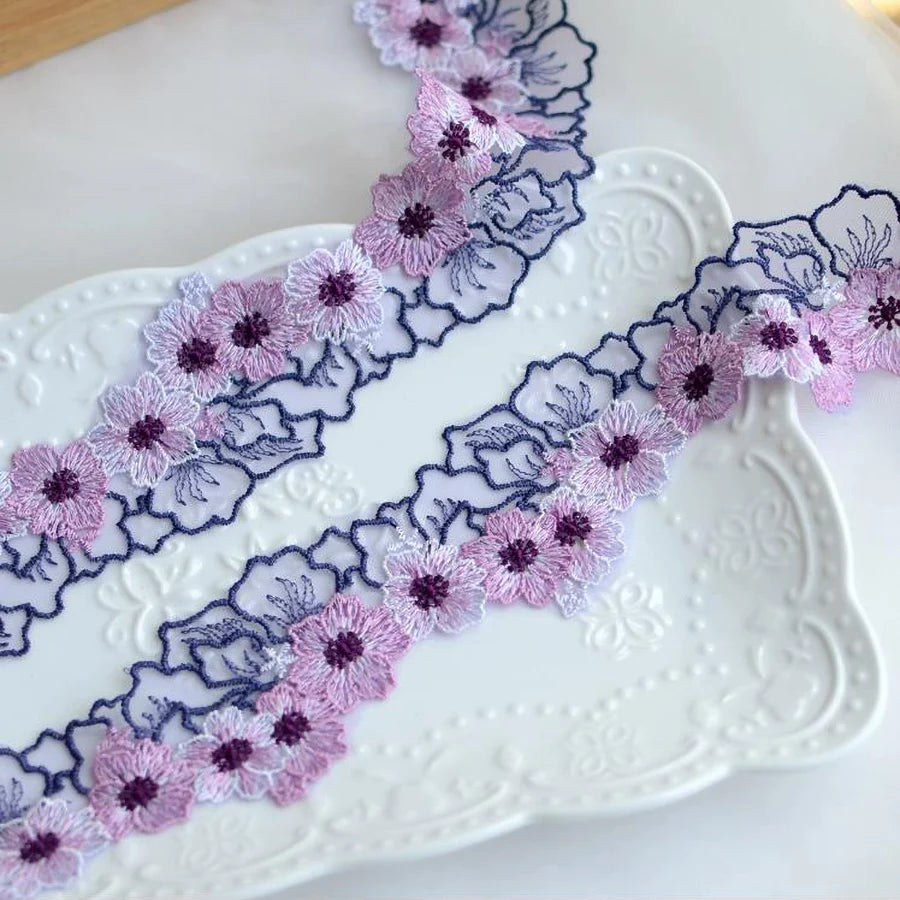 1 Yard Embroidered Green Purple White Flower Lace Fabric Sewing DIY Trim Ruffle Applique Ribbon Collar Decor