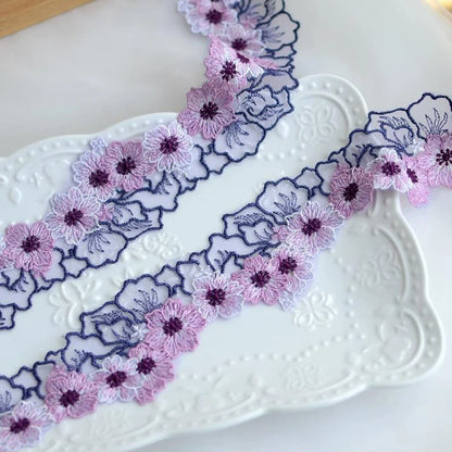 1 Yard Embroidered Green Purple White Flower Lace Fabric Sewing DIY Trim Ruffle Applique Ribbon Collar Decor