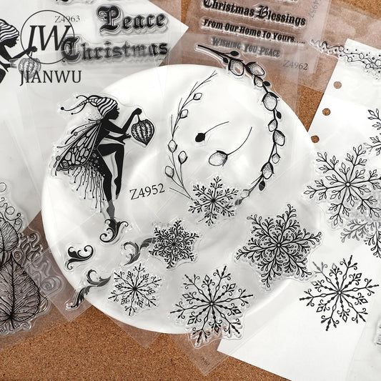 JIANWU Vintage Trees Snowflake Pattern Material Collage Transparent Silicone Stamp Creative DIY Student Supplies Stationery