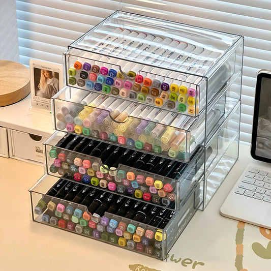 Desktop Marker Storage Box Watercolor Pen Pencil Holder Acrylic Drawer Transparent School Office Stationery Storage Organizer