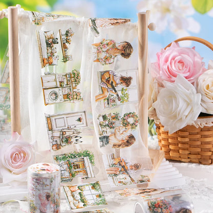 JIANQI 60mm*2m PET Garden Girl Tape DIY Scrapbooking Decor Photo Album Collage Junk Journal Materials Planner Aesthetic Tapes