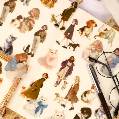 JIANQI 30 pcs PET Animal theme Stickers Cat dog girl Decorative handmade Scrapbooking Material Diary Album Craft Supplies