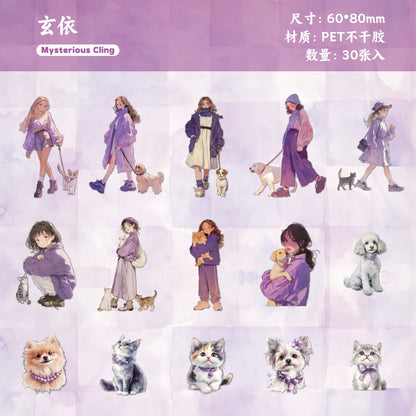 JIANQI 30 pcs PET Animal theme Stickers Cat dog girl Decorative handmade Scrapbooking Material Diary Album Craft Supplies