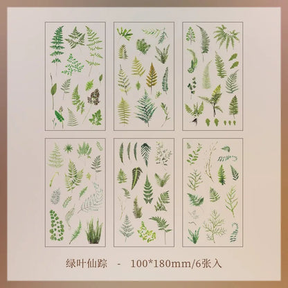 JIANQI 6pcs/pack Transparent PET Stickers Scrapbooking Materials DIY Junk Journal Collage Floral Leaves Plants Decor Stickers