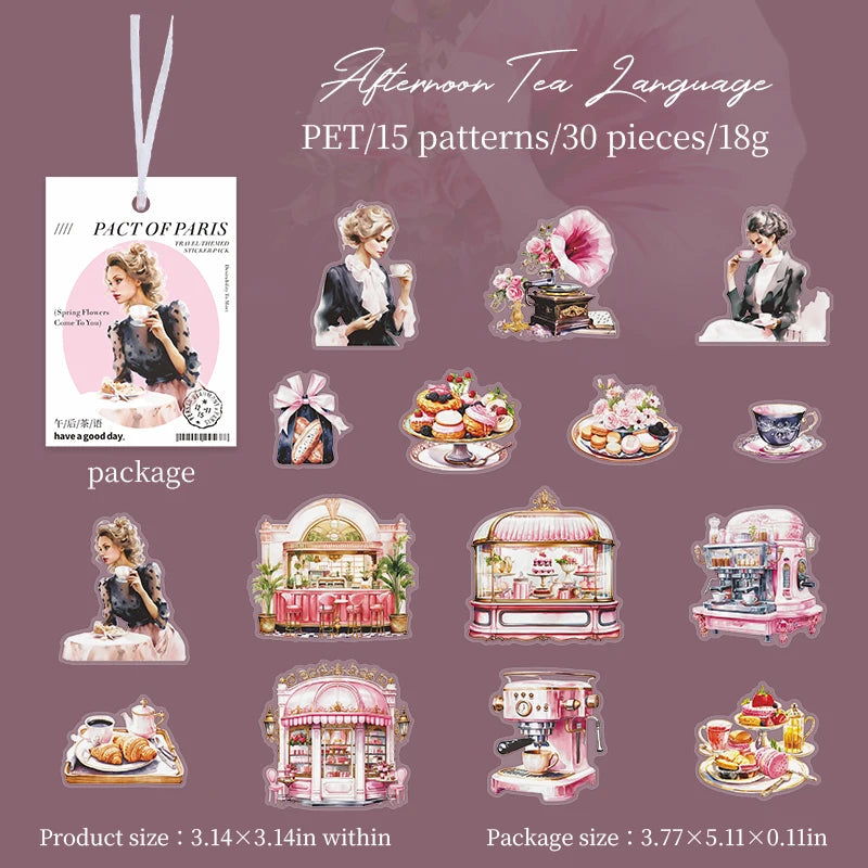 JIANQI 30 pcs/pack Paris Travel PET Stickers Decor DIY Scrapbooking Materials Art Collage Stationery Aesthetics Stickers