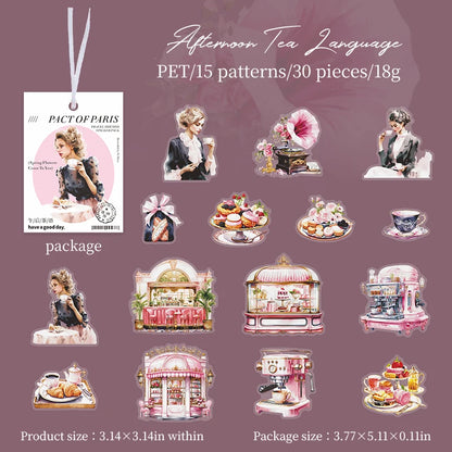 JIANQI 30 pcs/pack Paris Travel PET Stickers Decor DIY Scrapbooking Materials Art Collage Stationery Aesthetics Stickers