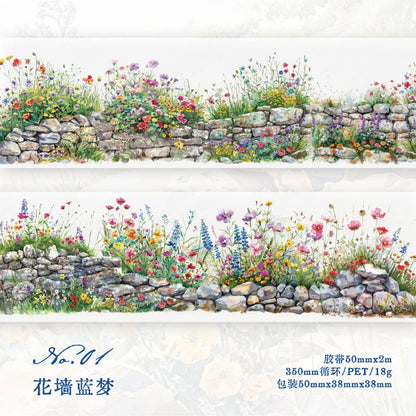 50mm*2m PET Tapes Green Field Flower Wall DIY Scrapbooking Decor Photo Album Collage Junk Journal Materials Aesthetics Tapes