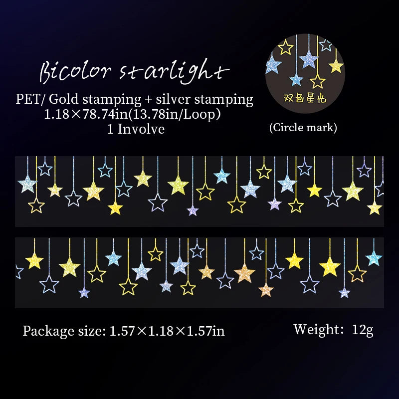 JIANQI 30mm*2m PET Tapes Sparkling Stars DIY Scrapbooking Decor Photo Album Collage Junk Journal Materials Aesthetics Tapes