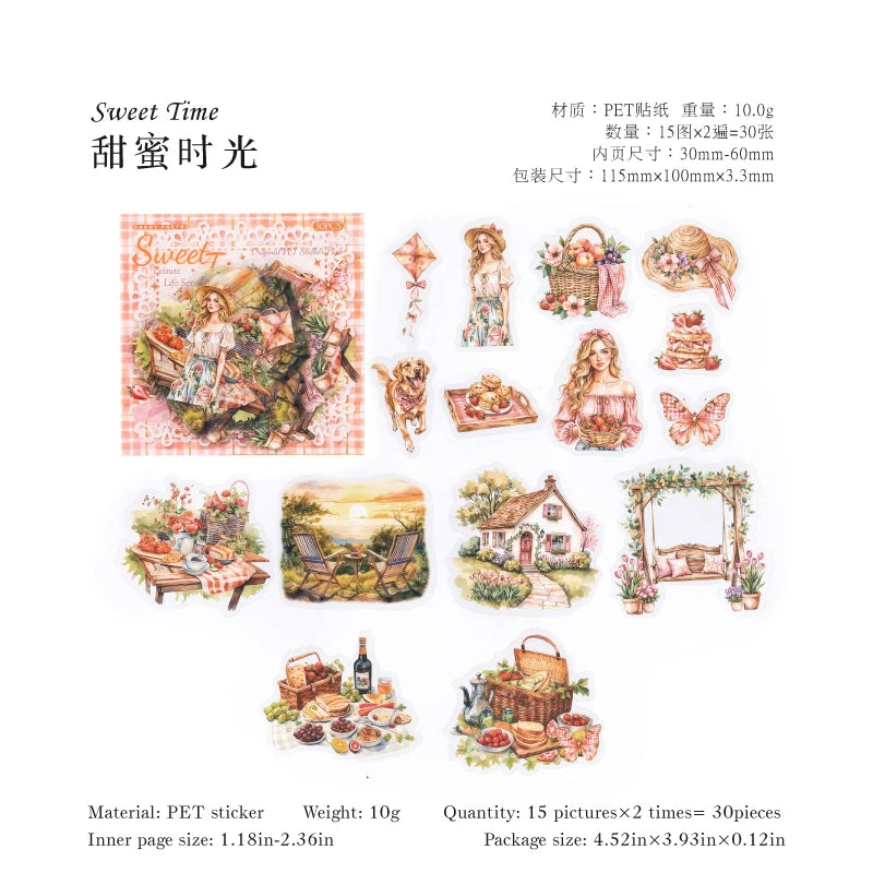 JIANQI 30pcs/pack INS Girls leisure life  Stickers PET Materials Collage Stationery Decor Diary DIY Scrapbooking supplies