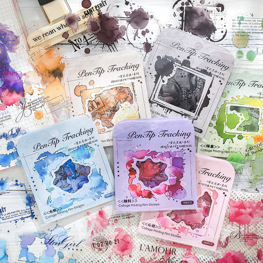 JIANQI 30pcs Vintage Colored stain PET Stickers DIY Decorative Junk Journal Stickers For Scrapbook Label Diary Album Planner