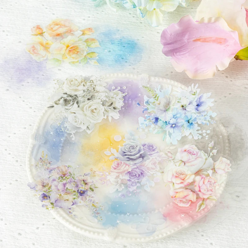 JIANQI 10pcs/pack PET Flower Stickers Smudging Collage Scrapbooking Decor Junk Journal Stationery DIY Flowers Sticker Pack