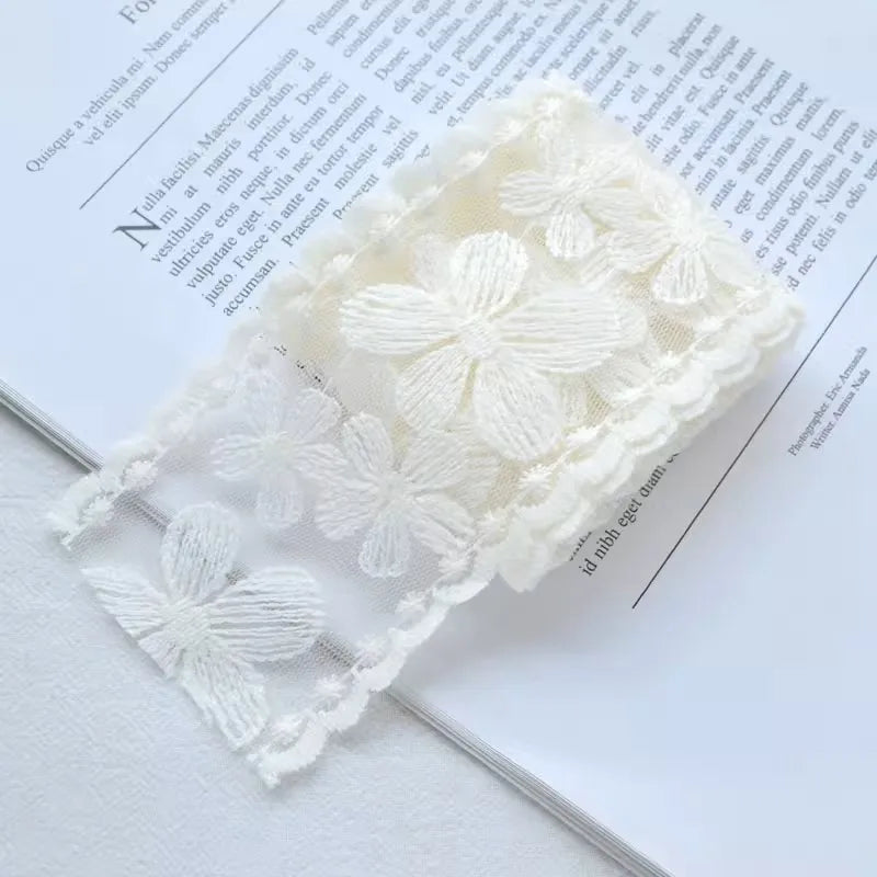 2 Yards Beige Mesh Gauze Bow Embroidery Lace Fabric Sewing DIY Wedding Decoration Gift Package Trim Headdress Accessories Crafts