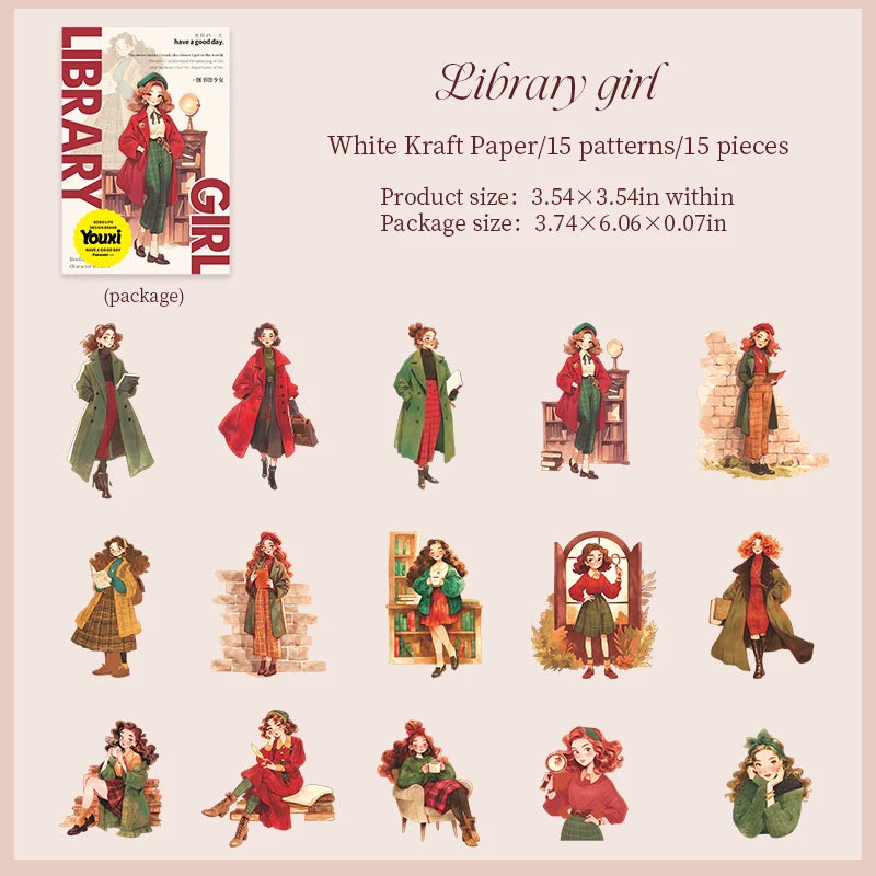 JIANQI 15pcs Kawaii Girl PET Sticker pack DIY Scrapbooking Decor Photo Album Creative Stationery Collage Materials Stickers