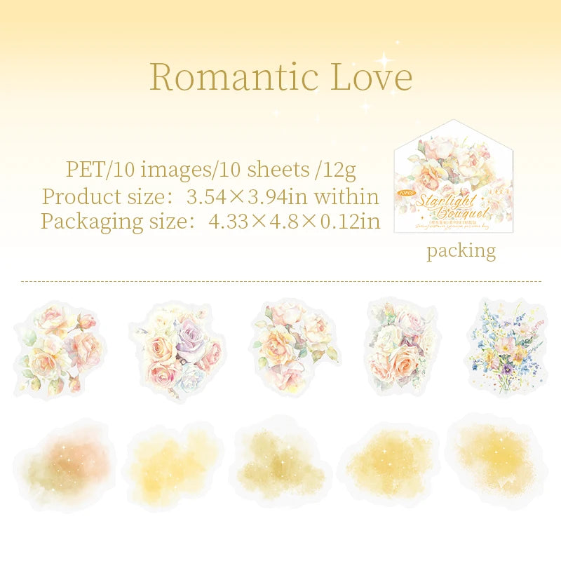 JIANQI 10pcs/pack PET Flower Stickers Smudging Collage Scrapbooking Decor Junk Journal Stationery DIY Flowers Sticker Pack