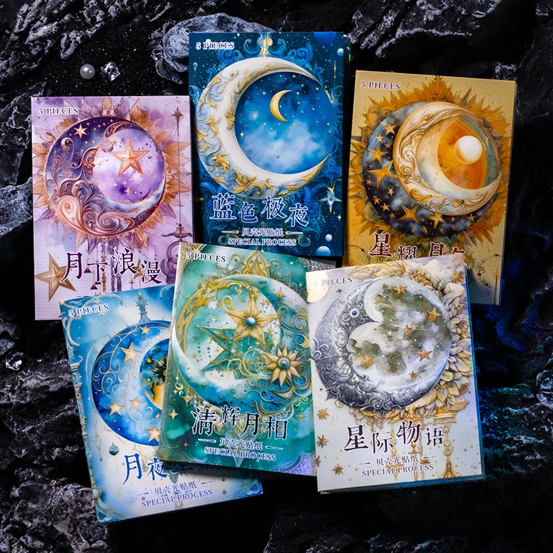 JIANQI 5 Pcs Stars and Moon Stickers Transparent Decorative Decals For Scrapbooking Stick Labels Junk Journal Supplies