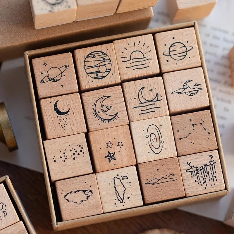 JIANQI16 pcs Moon Planet Star Weather Wooden Rubber Stamp Scrapbooking Deco DIY Craft Standard Wooden Stamps Set