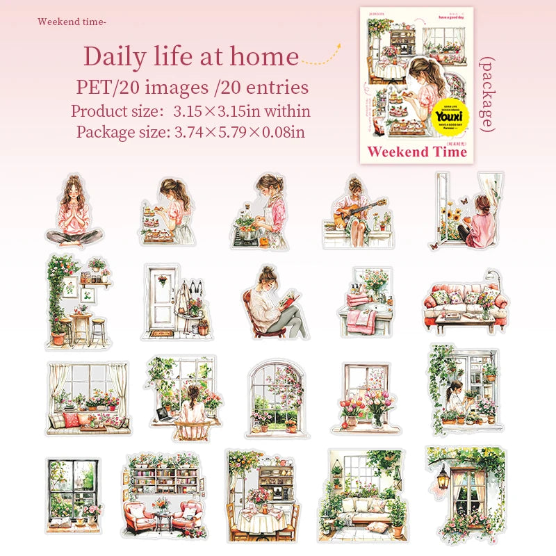 JIANQI 20 Pcs/pack Girls' Weekend PET Stickers hand tent DIY Stick Labels Scrapbooking Material Junk Journal Supplies