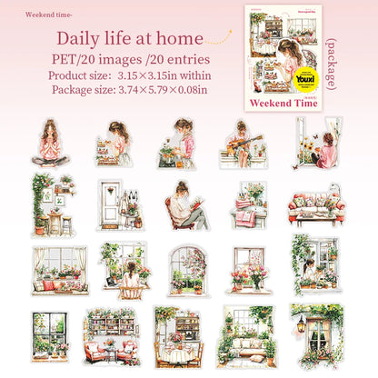 JIANQI 20 Pcs/pack Girls' Weekend PET Stickers hand tent DIY Stick Labels Scrapbooking Material Junk Journal Supplies