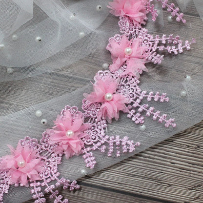 1 Yard Multi-Color Exquisite Rose Lace Fabrics Flower Pearl Wedding Party Decoration Sewing Lace Ribbon DIY Craft 8.5CM Wide