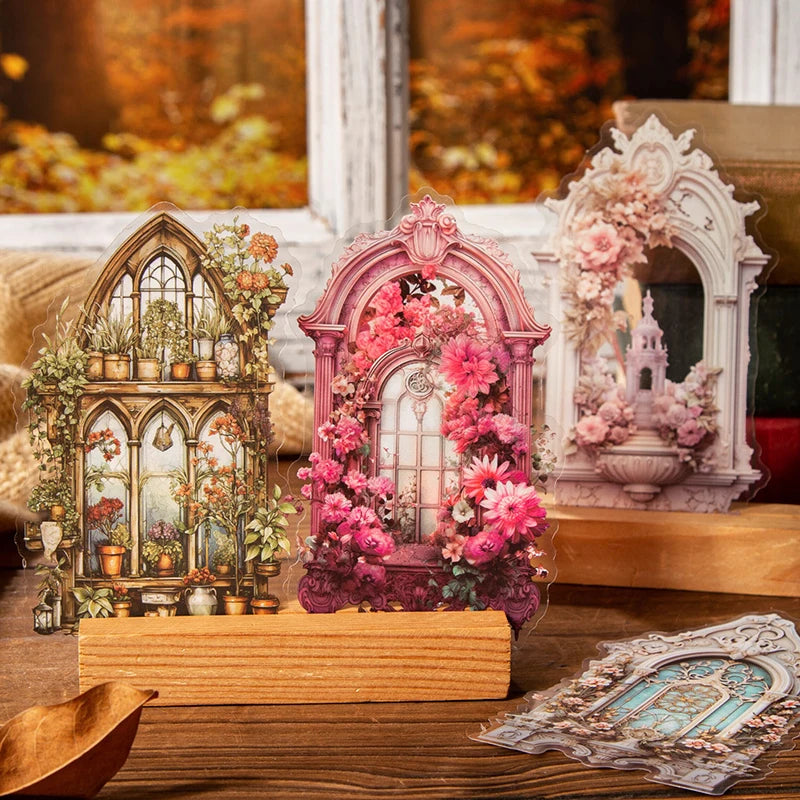 JIANQI 10pcs/pack Flowers Window Sticker PET Materials Collage Junk Journal DIY Scrapbooking Supplies Aesthetics Decor Sticker