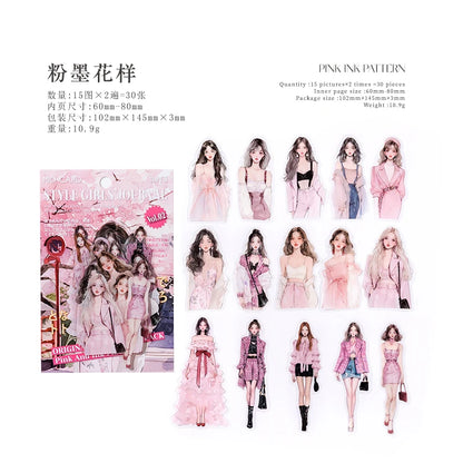 JIANQI 30pcs/pack PET Waterproof Stickers Fashion Girl Creative Scrapbooking Adhesive DIY Sticker Decor Junk Journal Supplies