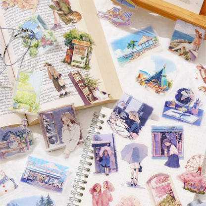 JIANQI 40 Pcs Four Seasons Scenery Stickers PET Transparent Decorative Collage Junk Journal DIY Scrapbooking Supplies