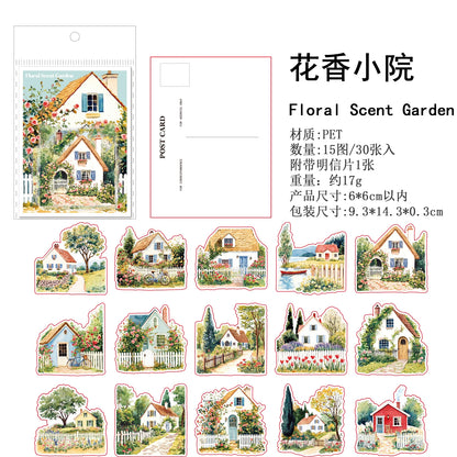 JIANQI 30 pcs Small town scenery Decorative PET Stickers Scrapbooking Label Diary Stationery Album Phone Cup Journal Plann