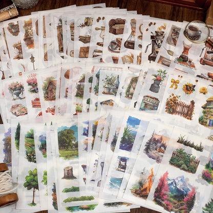 JIANQI 50pcs/book Light Retro Floral Plant Stickers Beautiful scenery Theme Double Material Handbook Backing Decal Stationery