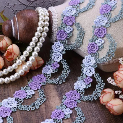1Yard Pink Blue Flower Embroidered Lace Fabric DIY Wedding Dress Sewing Crafts 3.5CM Wide