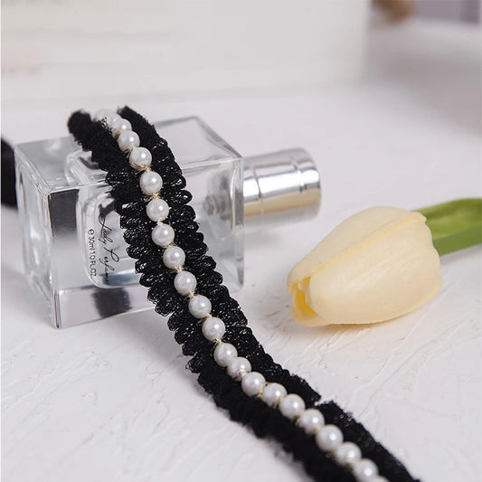 1 Yard Pearl Bead Decoration Black and White Lace Border Fabric Clothing Decoration DIY Crafts Lace 2CM Wide