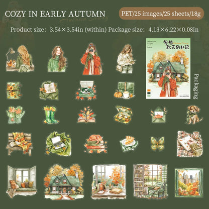 JIANQI 25pcs/pack Autumn Landscape Stickers PET Materials DIY Scrapbooking Art Collage Stationery Planner Decor Diary Sticker