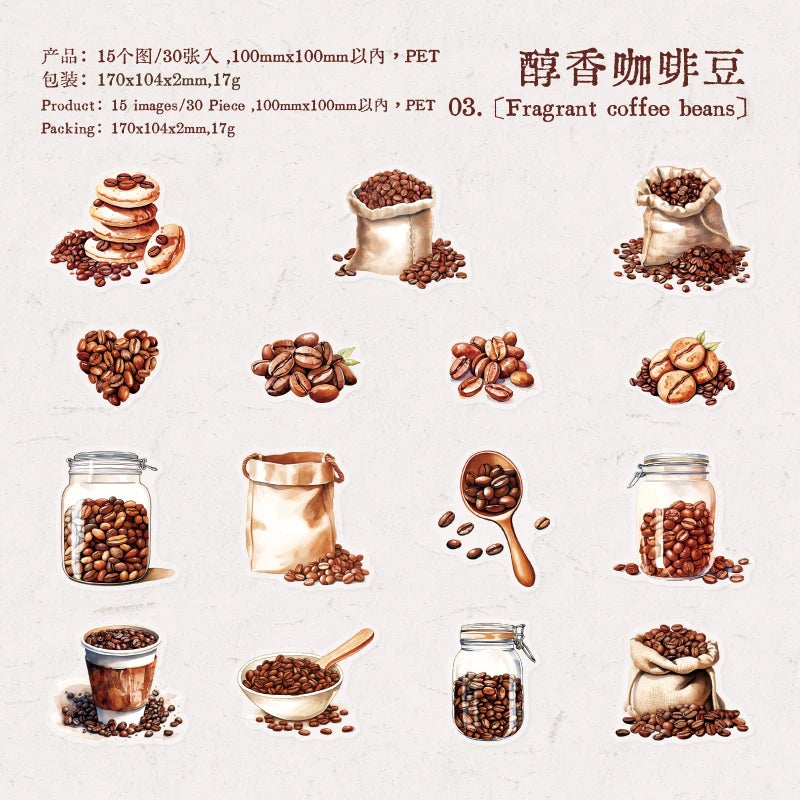 JIANQI 30pcs/pack Coffee theme Stickers Junk Journal Creative Stationery DIY Deco Stickers Scrapbooking Supplies