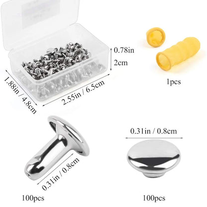 100Set/Box Leather Rivet Studs Double Cap Metal Rivets with Plastic Box Finger Cot for Leather Crafts Repairs Decoration