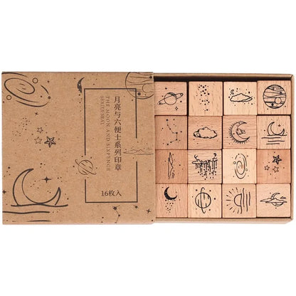 JIANQI16 pcs Moon Planet Star Weather Wooden Rubber Stamp Scrapbooking Deco DIY Craft Standard Wooden Stamps Set