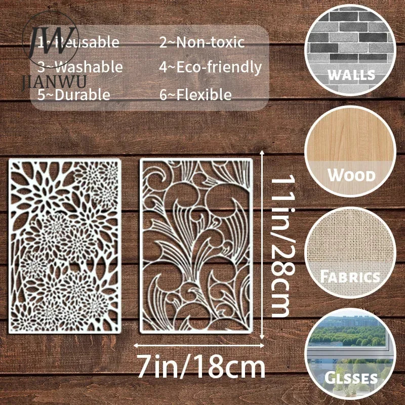 JIANWU 12pcs/16pcs Leaves Coral Plant Lines Pattern Hollow Material Painting Template Stamp Creative Student Supplies Stationery