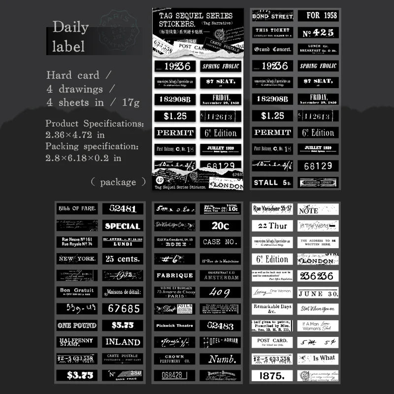 JIANQI 4pcs/pack Retro label alphanumeric Stickers DIY Scrapbooking Art Collage Stationery Planner Decor Diary Sticker
