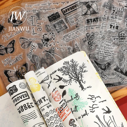 JIANWU Vintage Tree Plant Flower Butterfly Label Bill Landscape Material Collage Silicone Stamp Creative DIY Journal Stationery