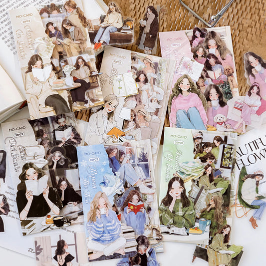 JIANQI 30 pcs/pack Reading girl Stickers aesthetic Stick Labels Decorative Diary Album material Scrapbooking Supplies
