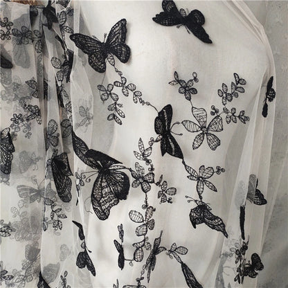 1 Yard Black and White Butterfly Flower Embroidery Lace Chiffon Fabric Clothing Wedding Dress DIY Craft Decoration 150CM