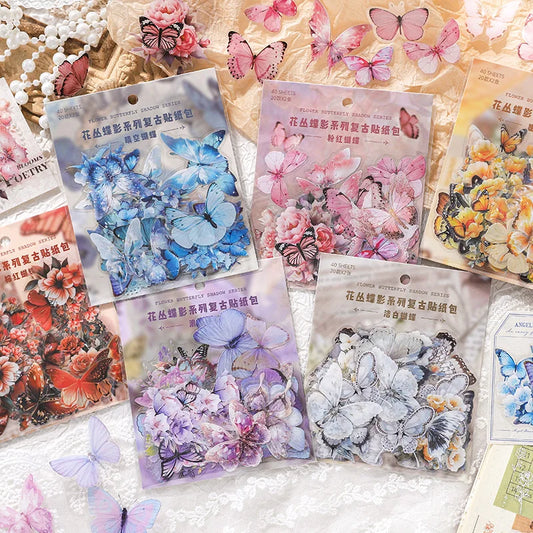 40pcs/pack Vintage PET Flowers Butterfly Stickers Decor DIY Scrapbooking Materials Art Collage Stationery Aesthetics Stickers