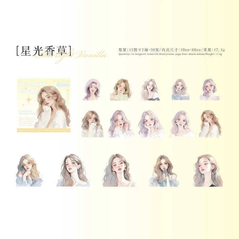 JIANQI 30pcs/pack PET Stickers Girls' Paradise DIY Junk Journal Scrapbooking Collage Album Creative Stationery Craft Supplies