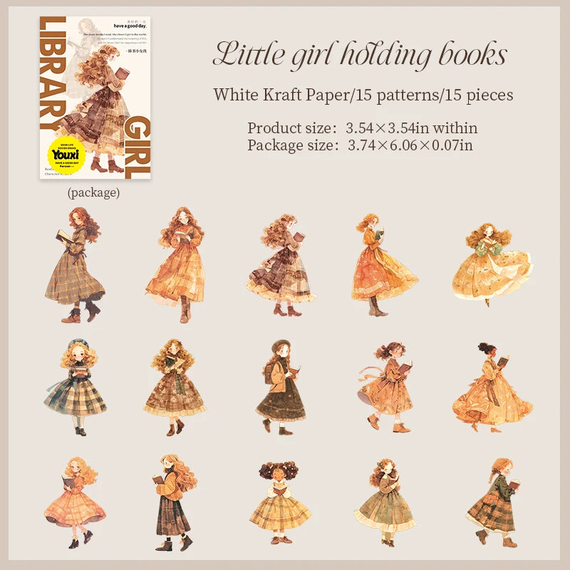 JIANQI 15pcs Kawaii Girl PET Sticker pack DIY Scrapbooking Decor Photo Album Creative Stationery Collage Materials Stickers