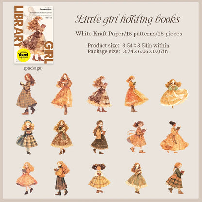 JIANQI 15pcs Kawaii Girl PET Sticker pack DIY Scrapbooking Decor Photo Album Creative Stationery Collage Materials Stickers