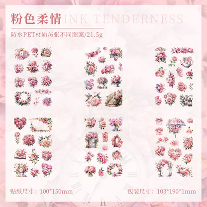 JIANQI 6 Sheets Flowers Stickers Die cutting PET Material DIY Scrapbooking Art Collage Stationery Planner Decor Diary Stickers