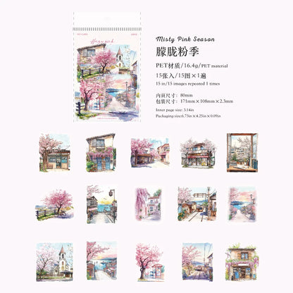 JIANQI 15pcs Urban Landscape PET Stickers Scrapbooking Materials DIY Junk Journal Collage Collage language Decor Stickers