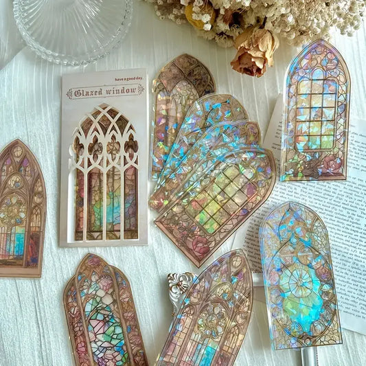 10 sheets Laser gilding PET Stickers lattice window theme Adhesive Diy Stickers pack Creativity Decorative Scrapbooking material