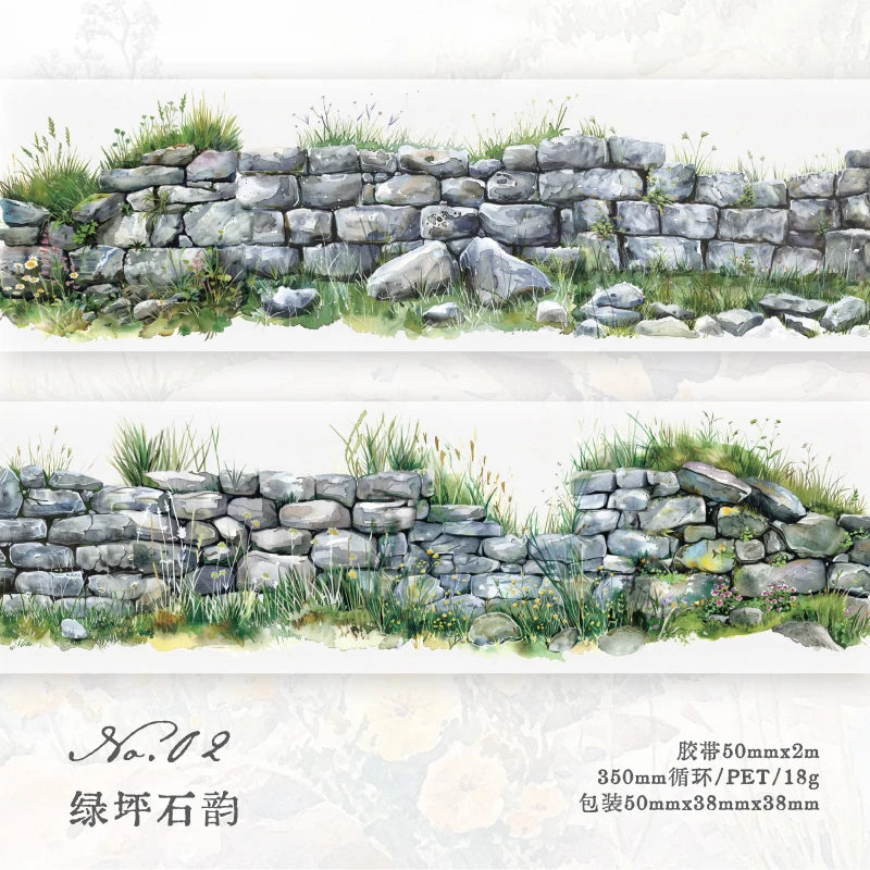50mm*2m PET Tapes Green Field Flower Wall DIY Scrapbooking Decor Photo Album Collage Junk Journal Materials Aesthetics Tapes