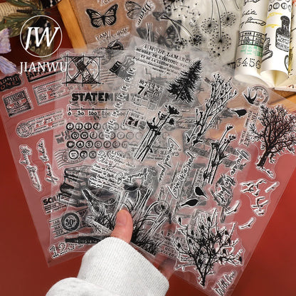JIANWU Vintage Tree Plant Flower Butterfly Label Bill Landscape Material Collage Silicone Stamp Creative DIY Journal Stationery